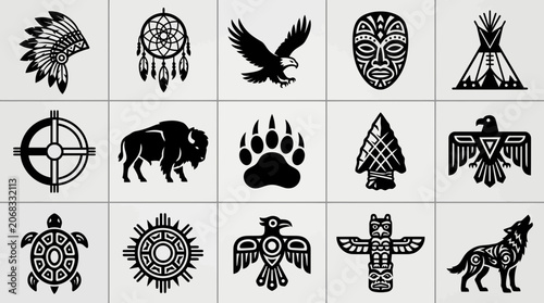 Native American tribal symbols and icons set in black and white graphic style.