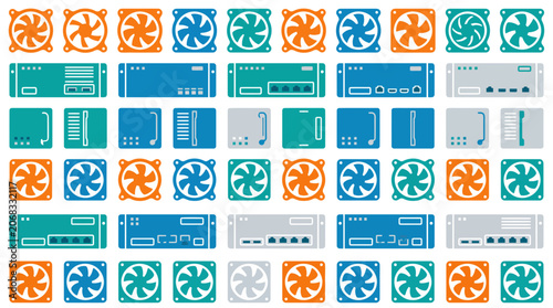 Network server rack and cooling fan flat icons for data centers.