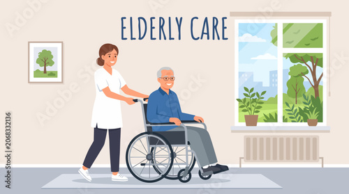 Nurse pushing elderly man in wheelchair for senior care services