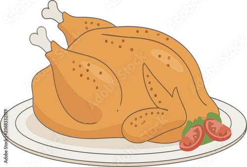 whole roasted chicken or turkey served on a white plate, garnished with tomato slices and herbs