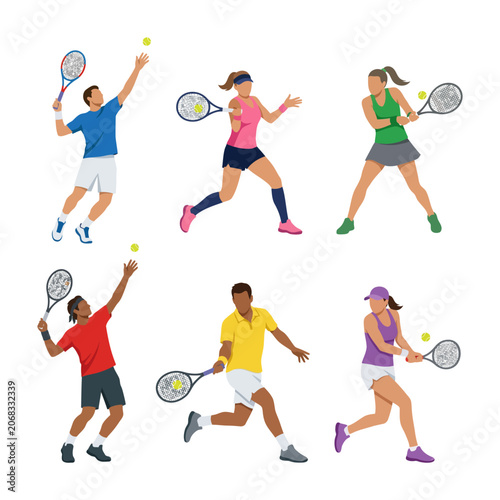 Obraz na plátně Six Tennis Players In Action Serving, Volleying And Hitting Groundstrokes — Mixe