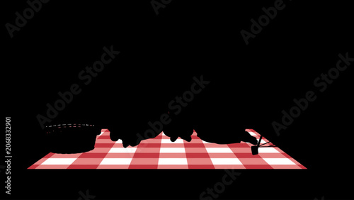red and white checkered picnic table, outdoor furniture, vector graphics, picnic blanket