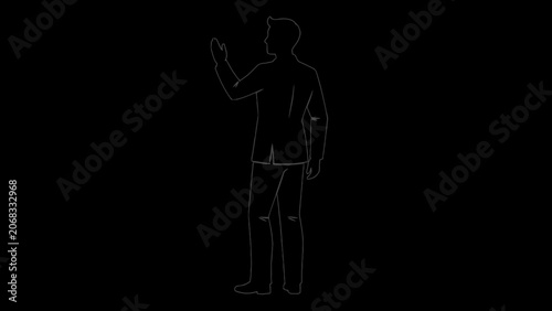 Minimalist man waving, simple line art person, black background, vector illustration, greeting gesture