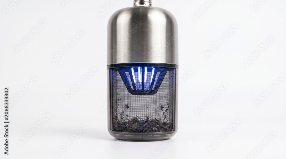 Obraz premium A close-up view of a sleek metallic object with a blue light on a white surface indoors