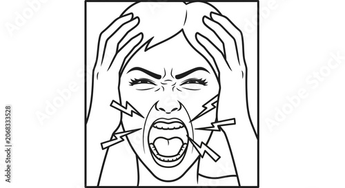 Woman Screaming in Anger and Frustration, Hands on Head, Lightning Bolts