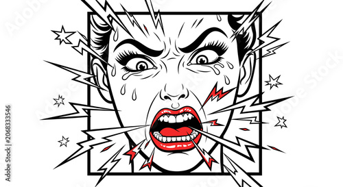 Woman Screaming in Anger, Expressing Rage and Frustration with Lightning Bolts
