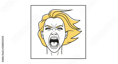 Woman screaming in anger, frustration, or pain, with windblown hair and intense expression