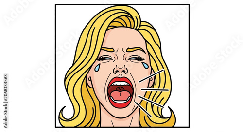 Woman screaming in distress, crying, emotional outburst, pop art style