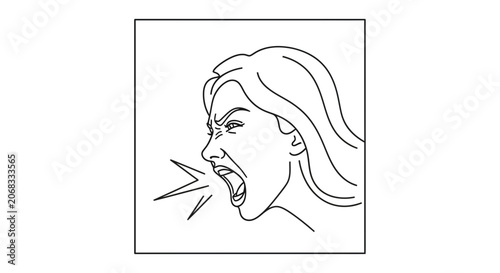 Woman screaming in anger, profile view, line art illustration