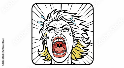 Woman screaming in distress, comic book style, emotional outburst, crying, loud noise, stress, anger