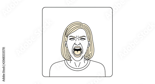 Woman screaming in frustration, anger, or pain. Close-up of distressed face with open mouth.