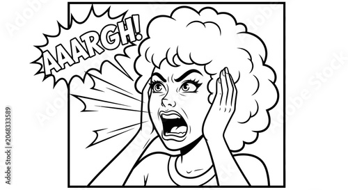 Woman Screaming in Frustration, Comic Book Style, Black and White