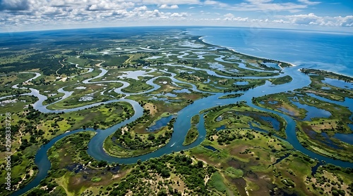 Aerial view of okavango delta botswana winding waterways and lush vegetation