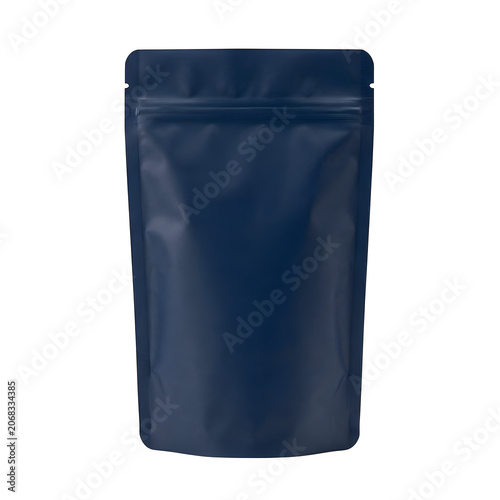Dark blue plastic pouch bag for food snack or coffee beans isolated mockup for branding and product design isolated on transparent background