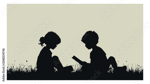 Silhouettes of Children Playing with Books Outdoors.