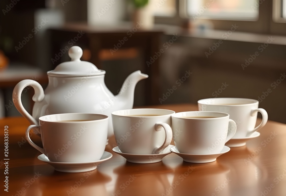 Fototapeta premium Tea cups and teapot arranged on a wooden table indoors AQ.Ab8RN6JKf7rAjCSN9OVzHY15hc3B2Hk7ELMtRJTrL6xsiiJSTA with warm lighting
