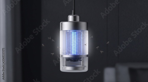 A sleek mosquito zapper hangs from a dark ceiling catching insects indoors at night.