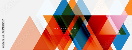 Abstract geometric shapes overlap, creating vibrant layered design. Orange, blue, red dominate composition. Modern aesthetic.