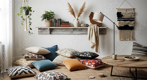Cozy living room with colorful pillows.