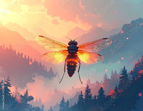 A large insect with glowing wings flies over a misty forest