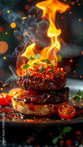 A flaming stack of burgers on a plate with garnishes