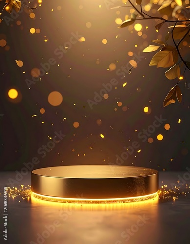 A golden podium with a glowing light on a dark background