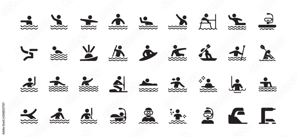 Fototapeta premium Comprehensive Water Sports and Swimming Activity Icon Set Vector Illustration