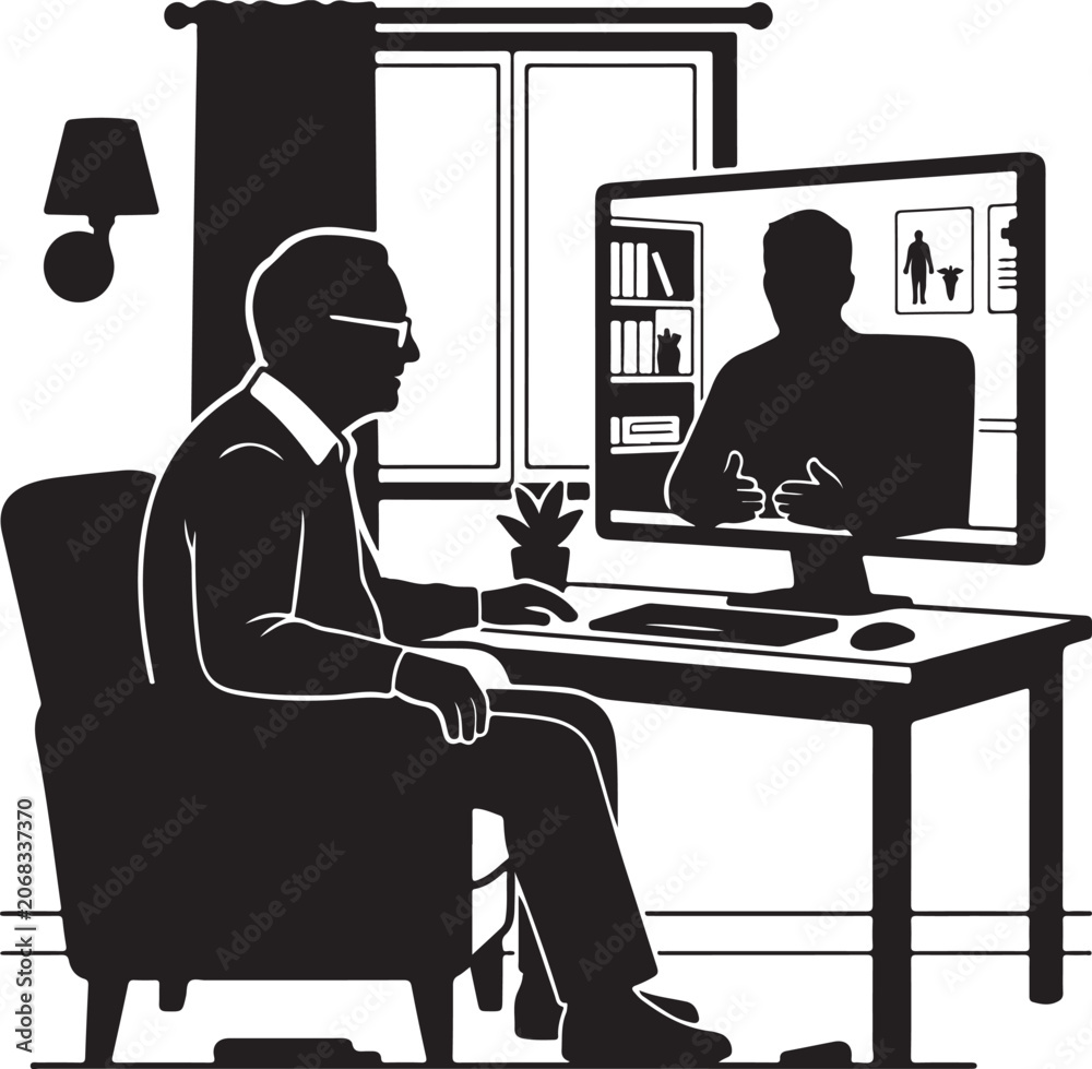 Fototapeta premium Businessman, office worker, computer user, remote meeting, video call, black silhouette, modern workspace