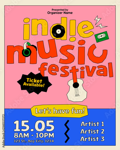 Indie music festival poster flyer template design modern retro style with colorful doodle of acoustic guitar, vinyl record, cassette tape