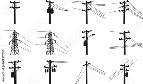 Obraz na płótnie Electrical utility poles and transmission towers collection, black silhouette ve