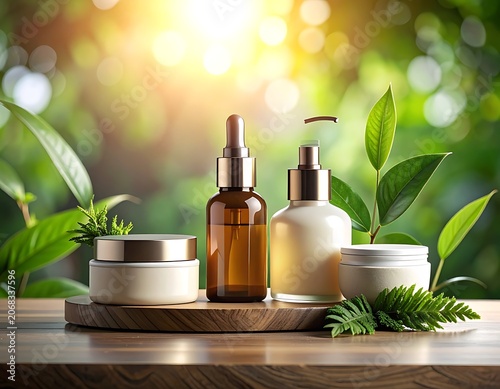 A serene arrangement of natural skincare products on wooden plate