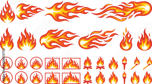 Obraz na plátně Flame and fire icon collection with blazing effects, colorful vector illustratio