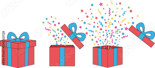 Schilderij op canvas Gift box opening sequence with colorful confetti explosion, celebration vector i