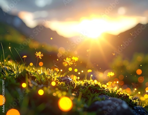 A serene landscape of a grassy hill with a sunset