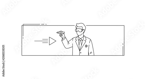 Scientist in VR headset holding a drone, futuristic technology research and development