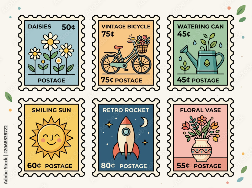 Obraz premium Set of Six Vintage Style Illustrated Postage Stamps with Floral, Summer, and Space Icons