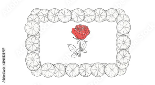 Red Rose in a Frame of Sliced Lemons, Delicate Floral Design