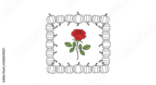 Red Rose in Pumpkin Frame, Autumn Harvest Floral Design, Fall Season Celebration