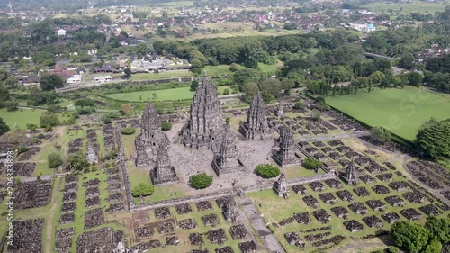 Cinematic wide Aerial Panorama of Prambanan Hindu Temple Complex, Yogyakarta