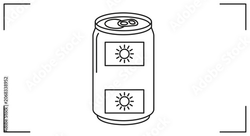 Refreshing Beverage Can with Sun Logo, Minimalist Line Art