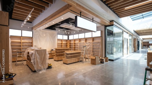 An empty store interior under construction with wooden shelves and boxes.