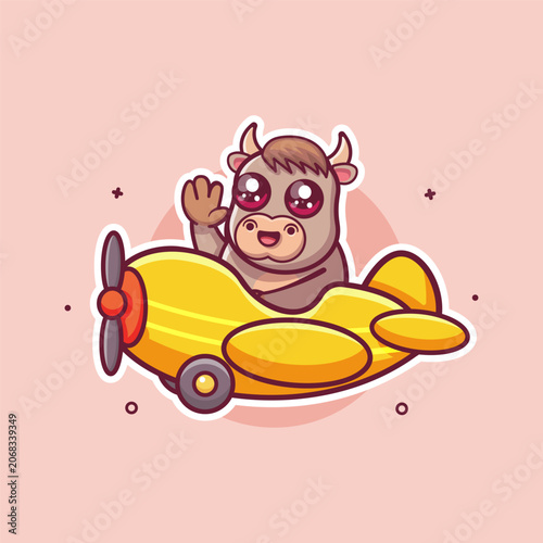 happy bull animal character mascot flying an airplane isolated cartoon	
