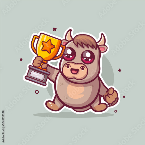 Cute bull cartoon character mascot holding a golden trophy. Strong animal champion winner victory and success concept illustration 