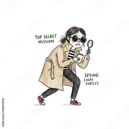Photos Cartoon illustration of young girl playing secret detective on a mission