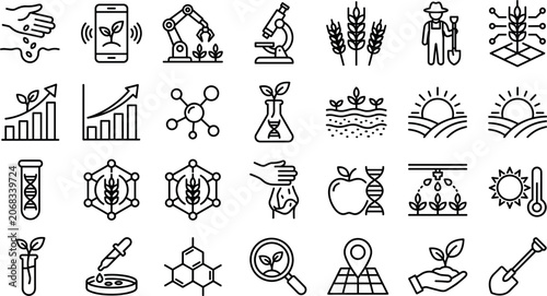 Smart agriculture and biotechnology line icons set for modern farming and agrotech business