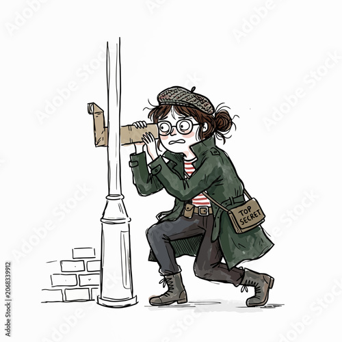 Bild auf Leinwand Young detective girl listening through wall with cardboard tube.