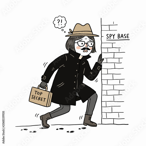 Tableau sur toile Illustration of a cartoon spy wearing a trench coat and fedora peeking around a brick corner wall labeled spy base