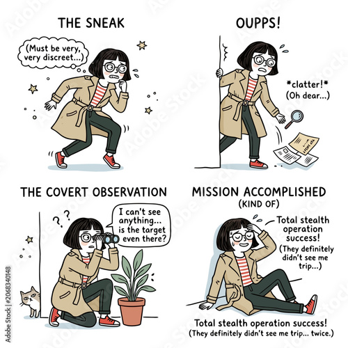 Schilderij op canvas Comic strip about clumsy spy character performing covert operations