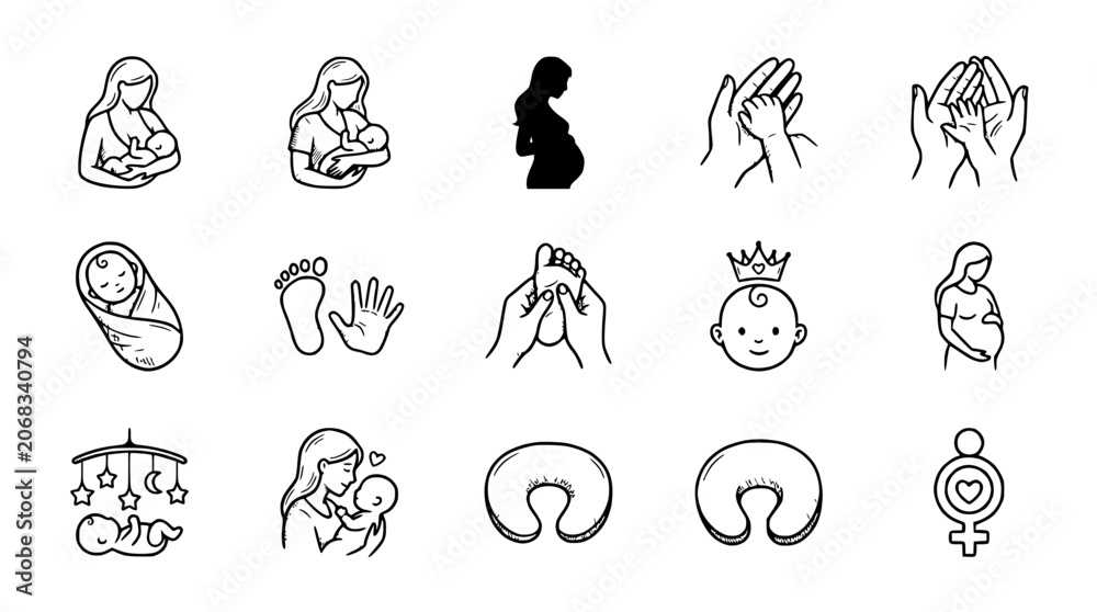 Fototapeta premium Motherhood and Childhood Icons: Pregnancy, Baby Care, Nurturing, Family Love, Maternity