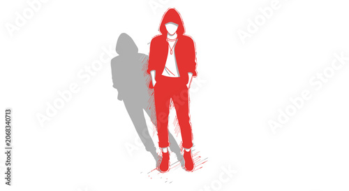 Young Woman Wearing Red Sweatsuit Standing.